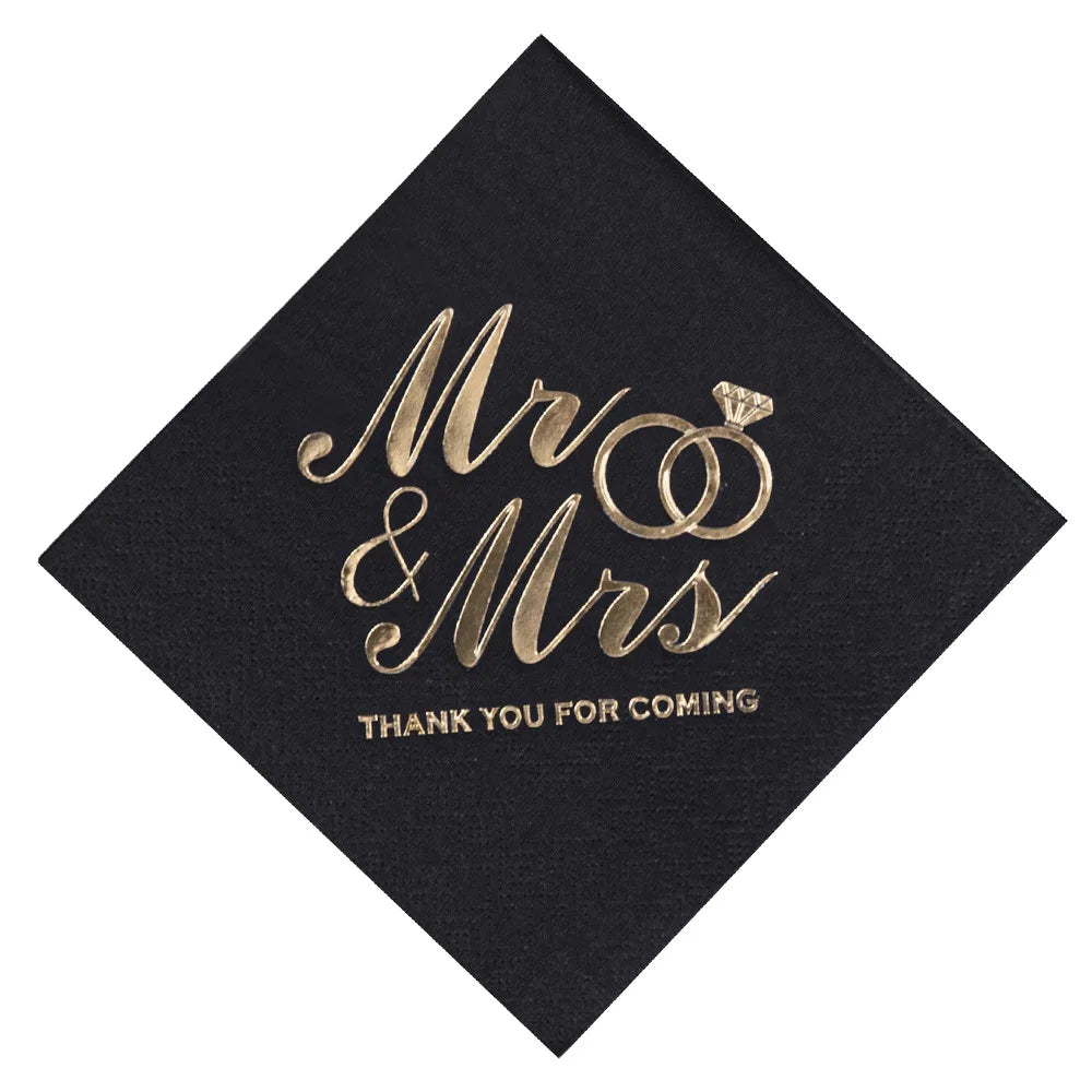 100PCS Mr&Mrs Wedding Paper Napkins Disposable 3-PLY 10inch Bronzing Cocktail Beverage Dessert Napkins for Wedding Anniversary