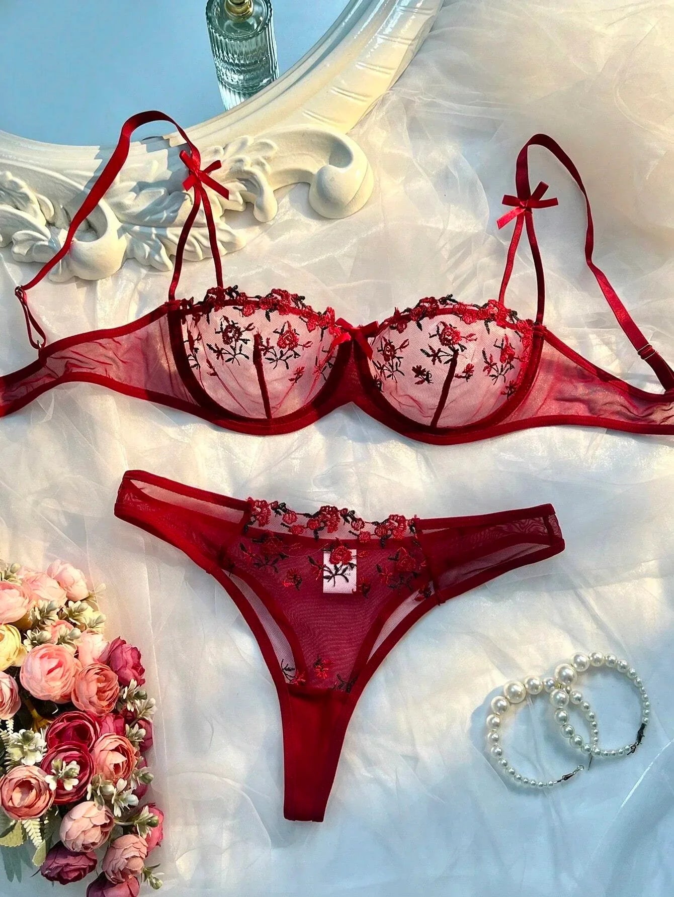 Beautiful Women Sexy 2 Piece Floral Embroidery Underwear Sets