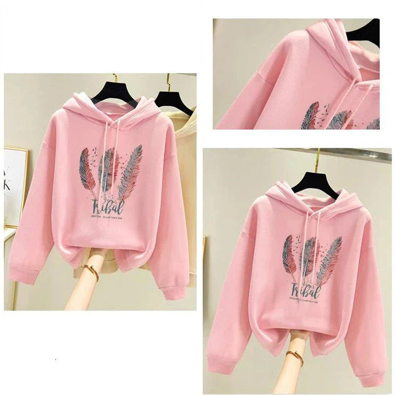 Women’s Feather Print Hoodie – Plus Velvet Loose Sweatshirt for Autumn & Winter Casual Wear