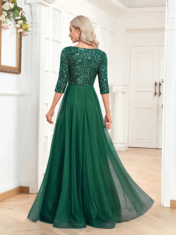 Luxury Floor Length V-Neck Evening Dress Party Maxi Dress Sequin Short Sleeves Prom Cocktail Gown