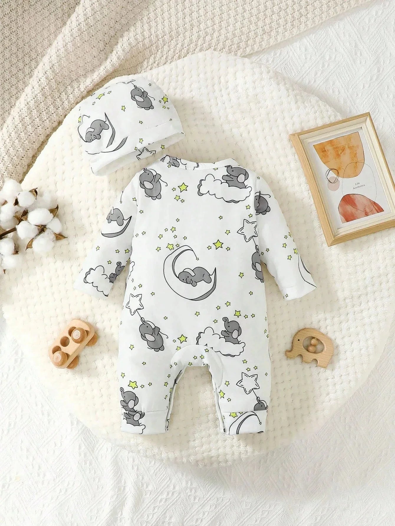 2 PCS Baby Romper with Hat Set Long Sleeve Elephant Embroidery Outfit for Boys & Girls 0–2 Years