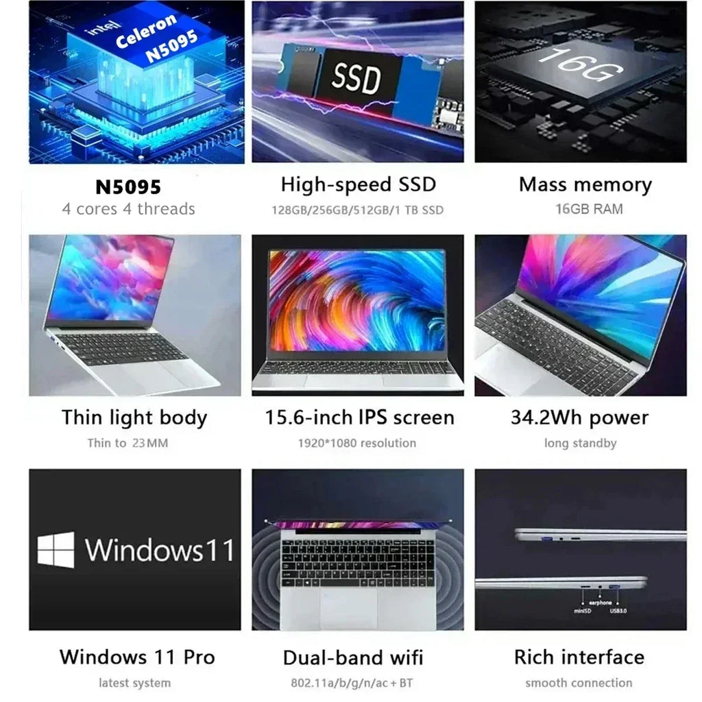 QMDZ 15.6" Laptop Computer Intel Celeron N5095 Notebook PC 16GB 32GB Ram 128GB-2TB SSD Office Study PC Windows 11 1080P Laptops