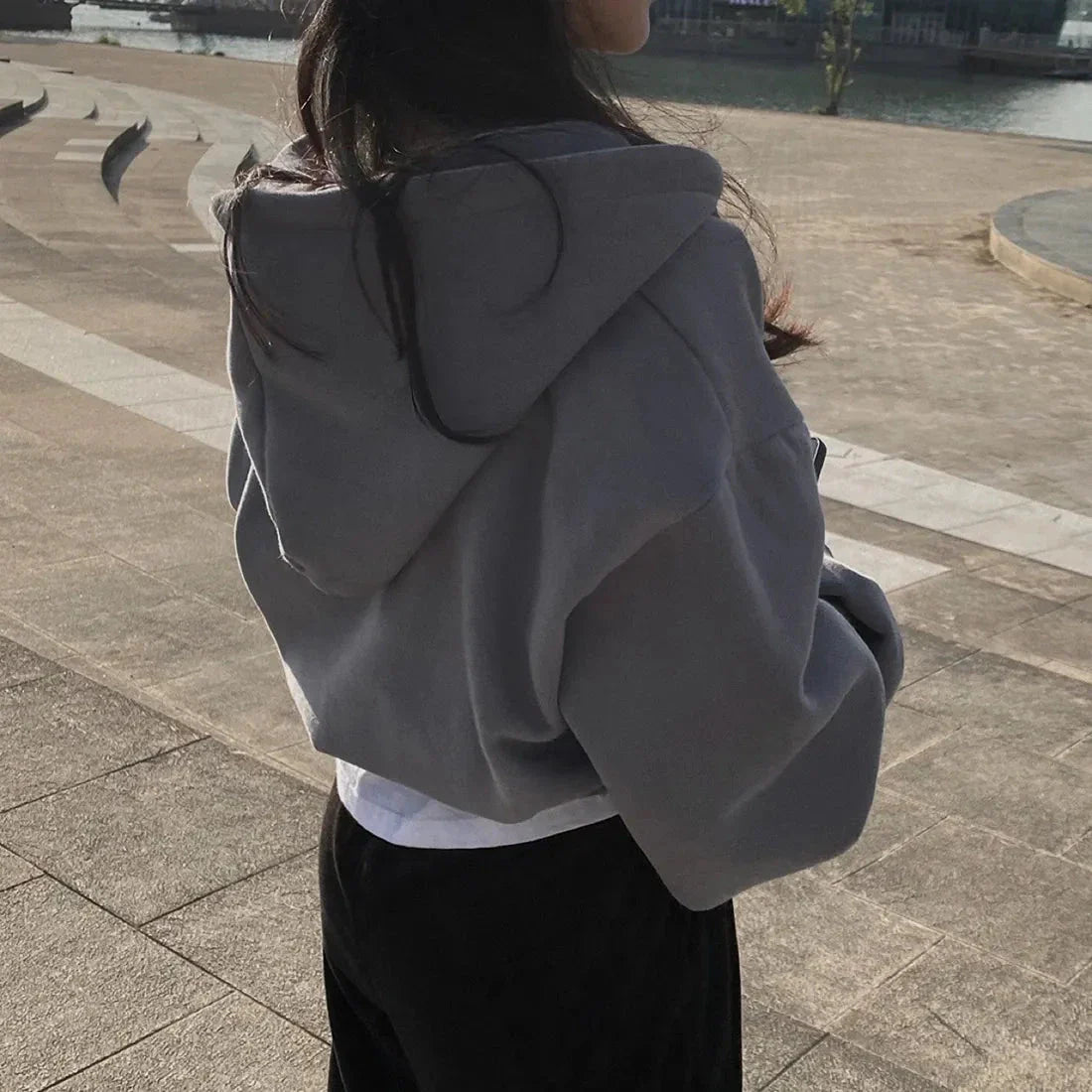 Women’s Y2K Zip Up Hoodie – Solid Color Oversized Crop Sweatshirt with Hood, Harajuku Streetwear Casual Jacket