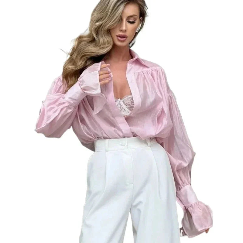 Women’s Autumn Office Shirt – Loose Fit Chiffon Blouse with Flare Sleeves & Turn-Down Collar, Solid Color Long Sleeve Top