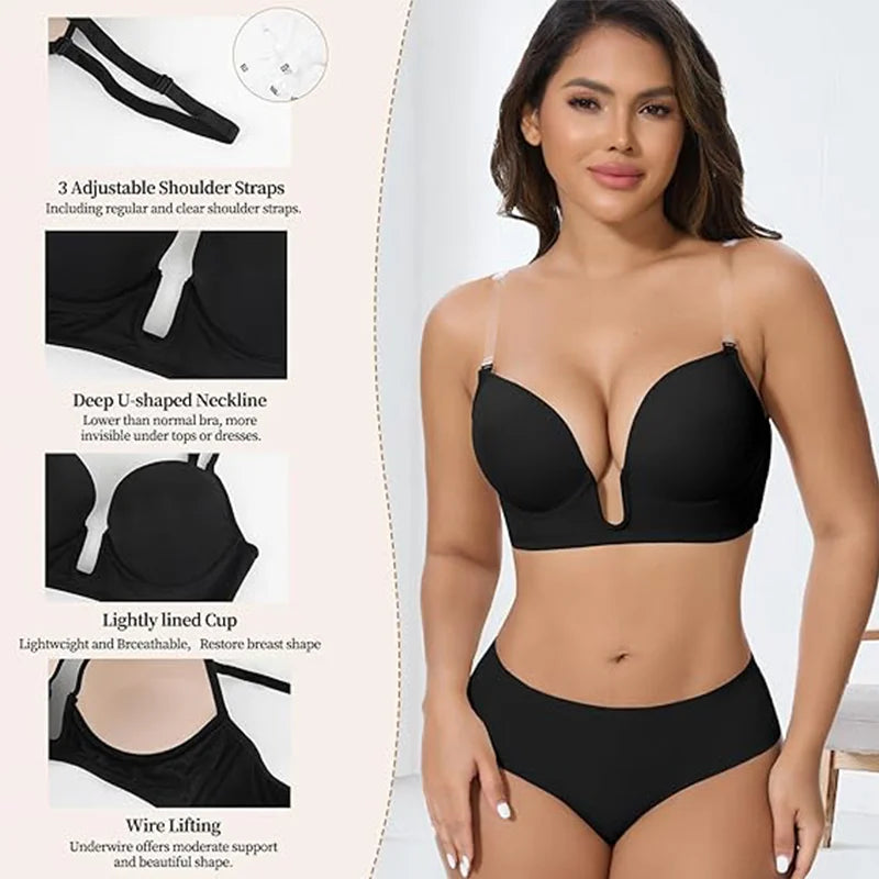 Women's Deep U Bra Transparent Strap X-Line Bralette Invisible Invisible Underwear High Stretch Push Up Gathered Lingerie