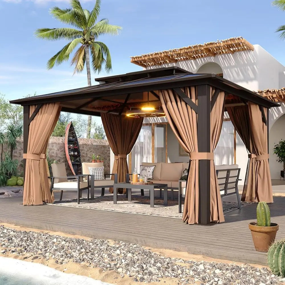 10x12 ft. Outdoor Poly Pavilion with Curtains & Netting, Ideal for Gardens and Patios, Brown