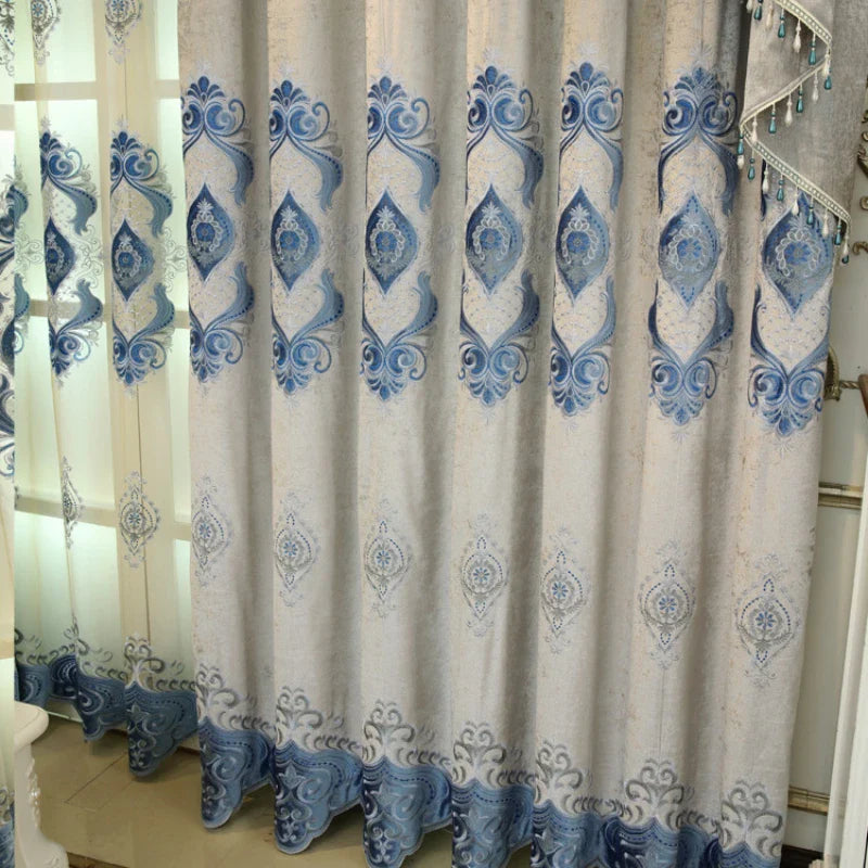 Blue Chenille European Embroidery Curtains Custom Size Retro Print Luxury Light Control for Living Room Bedroom Dining