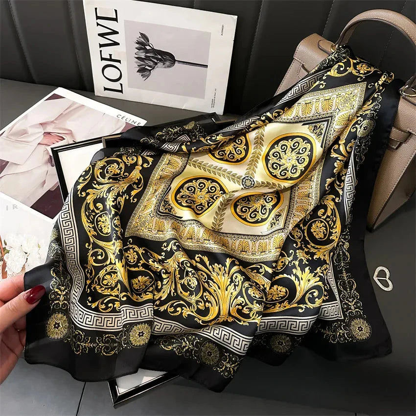 Four Seasons Print Silk Scarf – 70x70cm Luxury Headband & Shawl