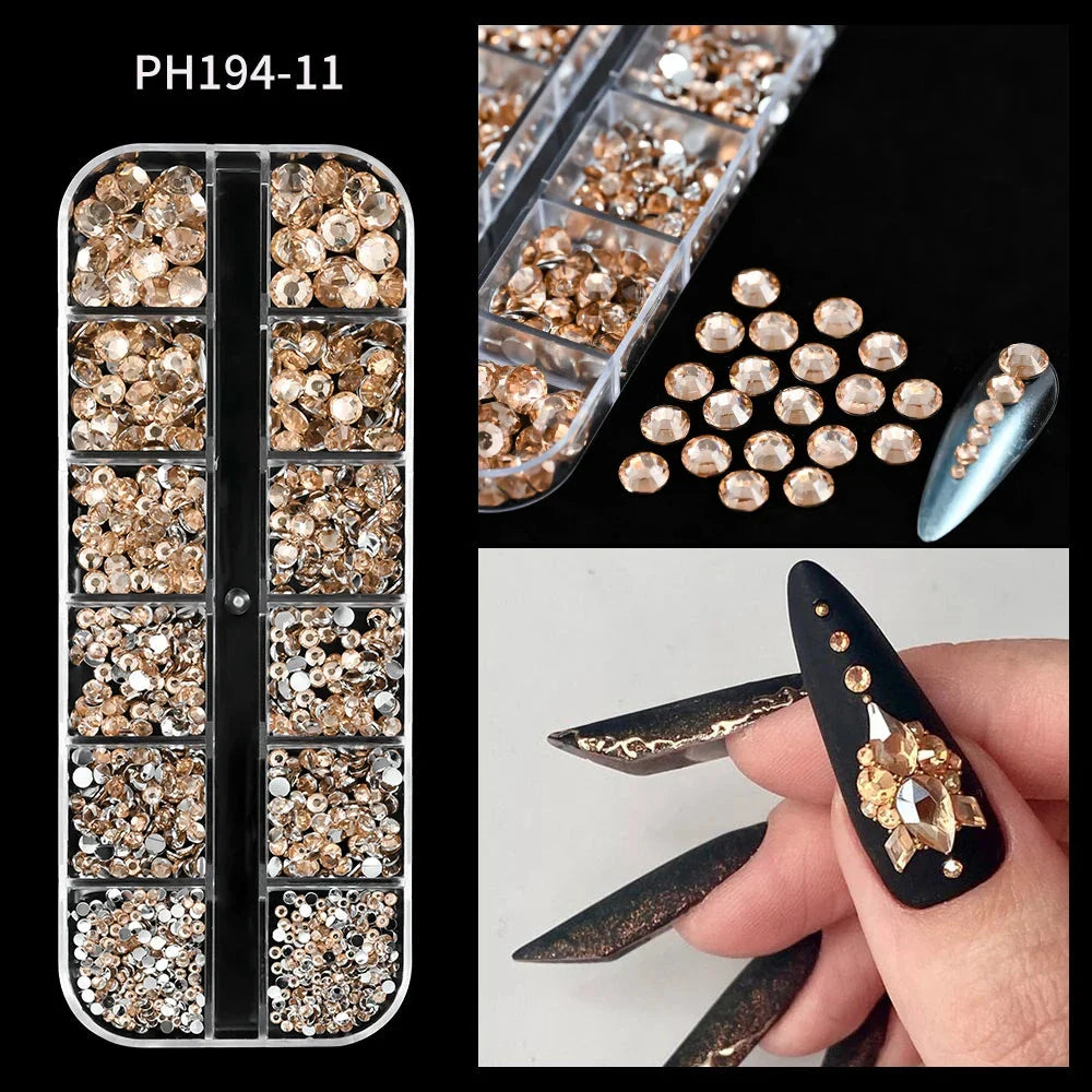12 Grids Mixed Nail Rhinestones - SS6-SS30 Flat-Back Glass Gems for Nail Art