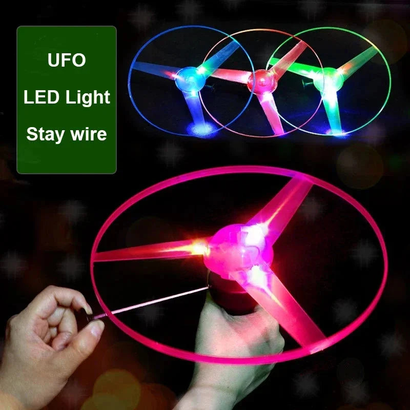 Pull Wire Glow UFO – Spinning LED Flyer Toy for Kids Outdoor Fun