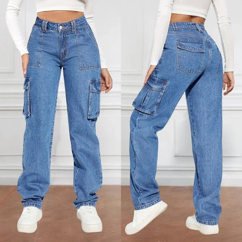 American Retro Mid-waist Multi-pocket Cargo Pants Jeans