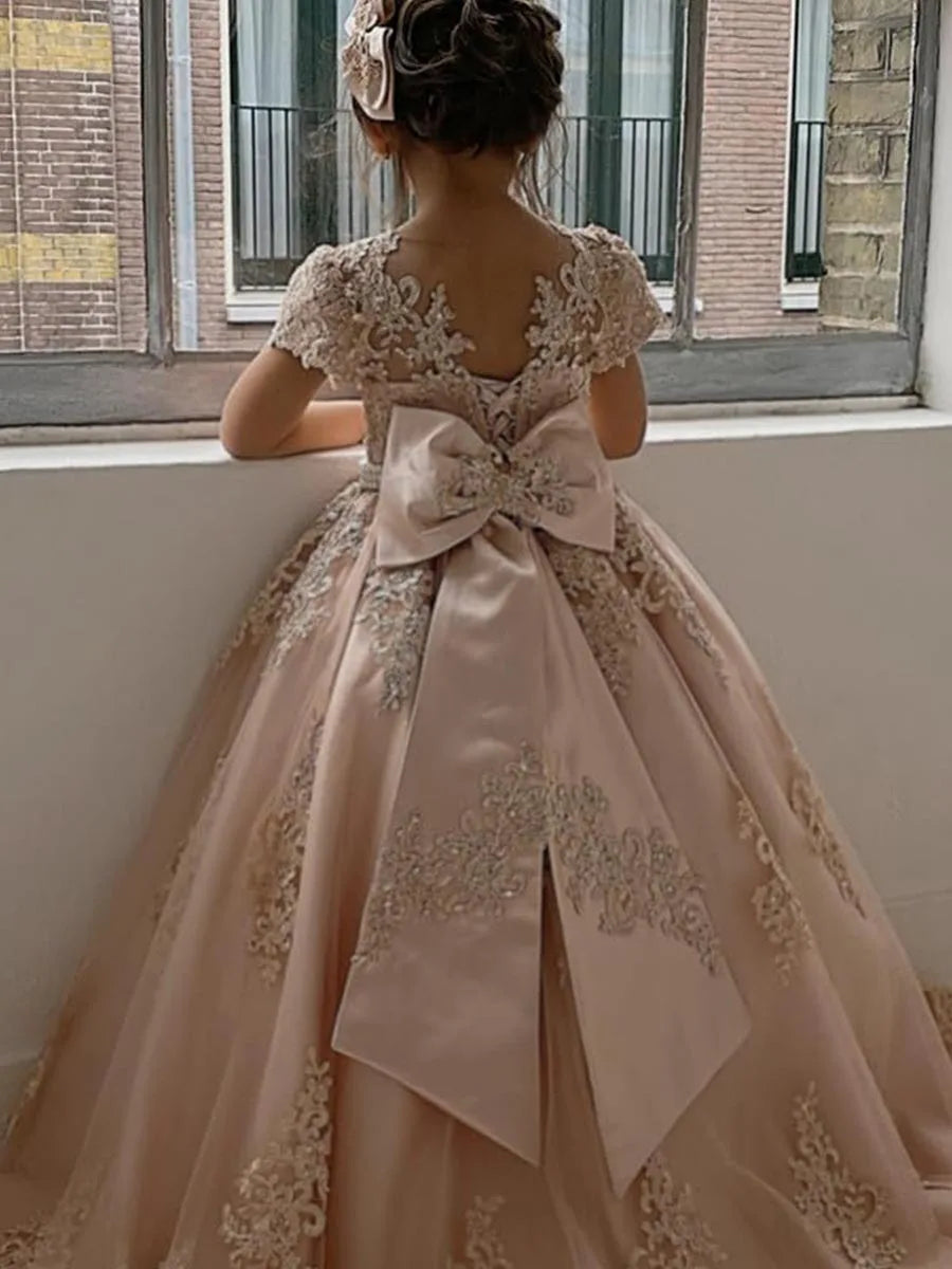 Flower Girl Princess Dresses for Wedding Pageant With Bow-knot Beaded Appliques Long Train Party Gowns