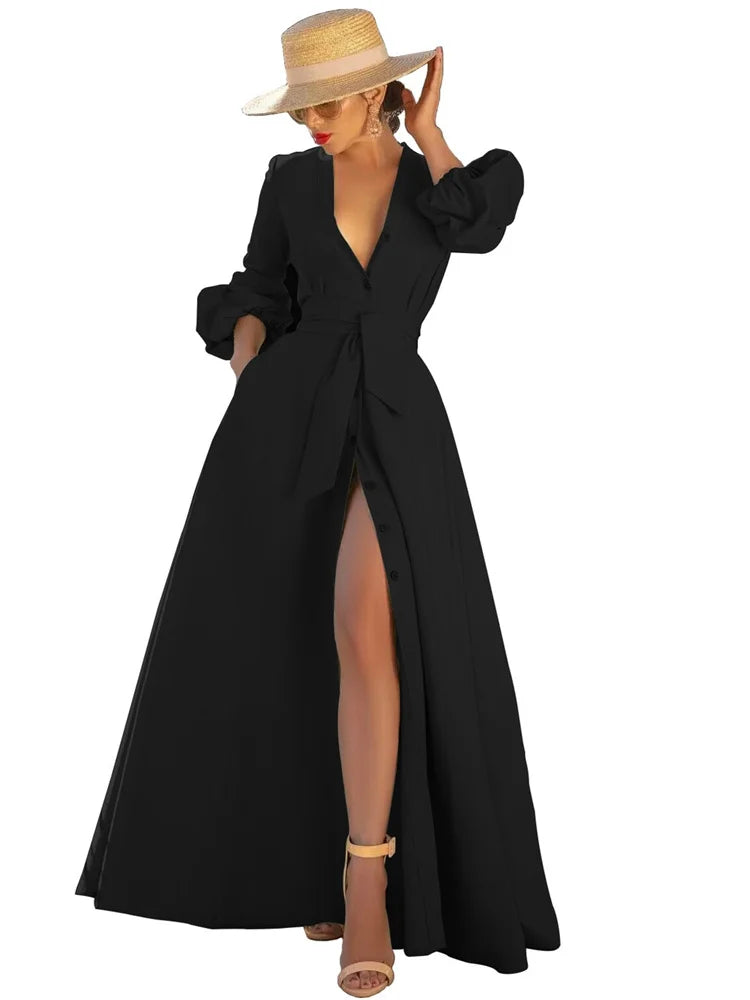 Women V Neck Sexy Long Sleeve Tassel Party Dress
