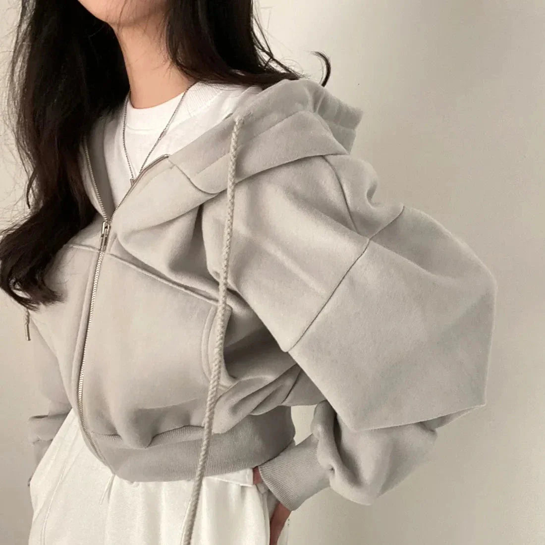 Women’s Y2K Zip Up Hoodie – Solid Color Oversized Crop Sweatshirt with Hood, Harajuku Streetwear Casual Jacket