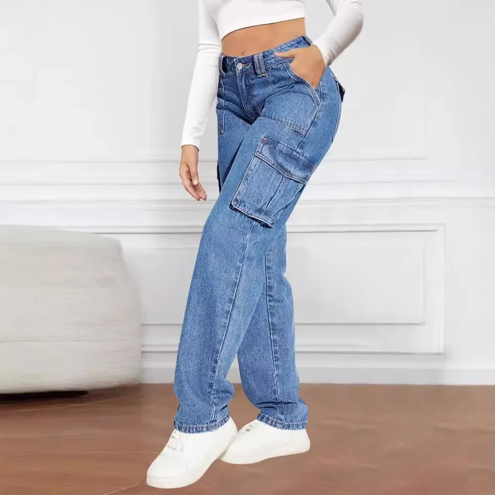 American Retro Mid-waist Multi-pocket Cargo Pants Jeans