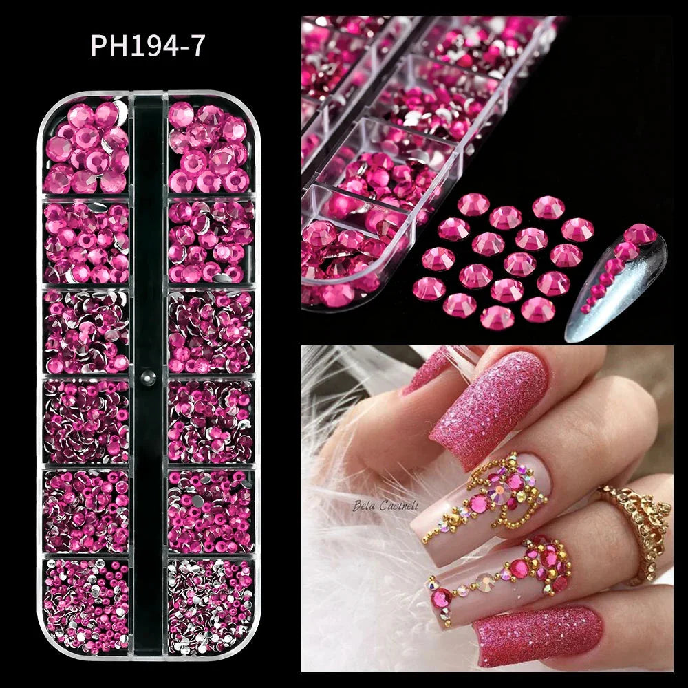 12 Grids Mixed Nail Rhinestones - SS6-SS30 Flat-Back Glass Gems for Nail Art