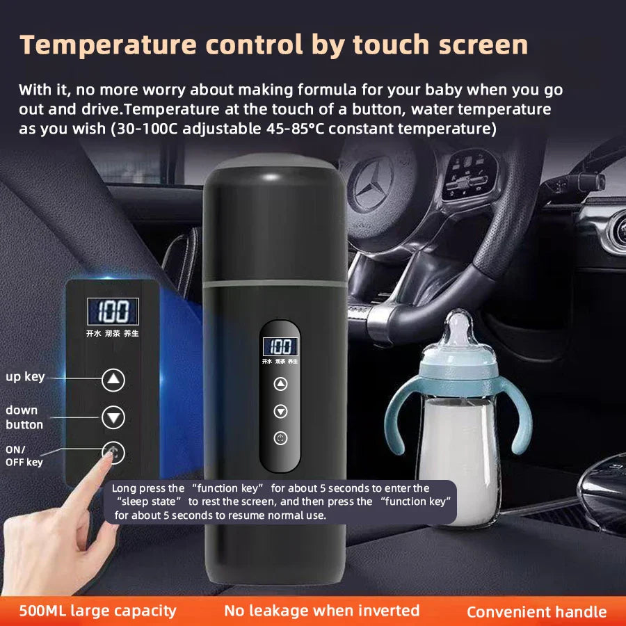 Electric Kettle 12V24V Portable Car Heating Cup 500ml Travel Heating Touch Screen Intelligent Adjustable Temperature Thermal Cup