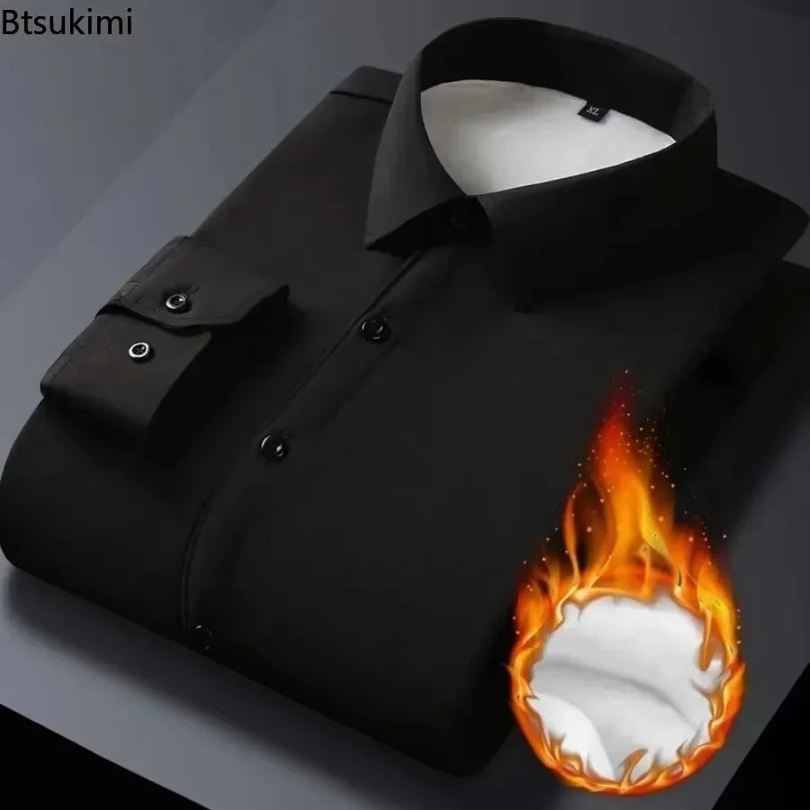 Men's Autumn Winter Long Sleeve Shirts Warm Fleece Stretch Shirt