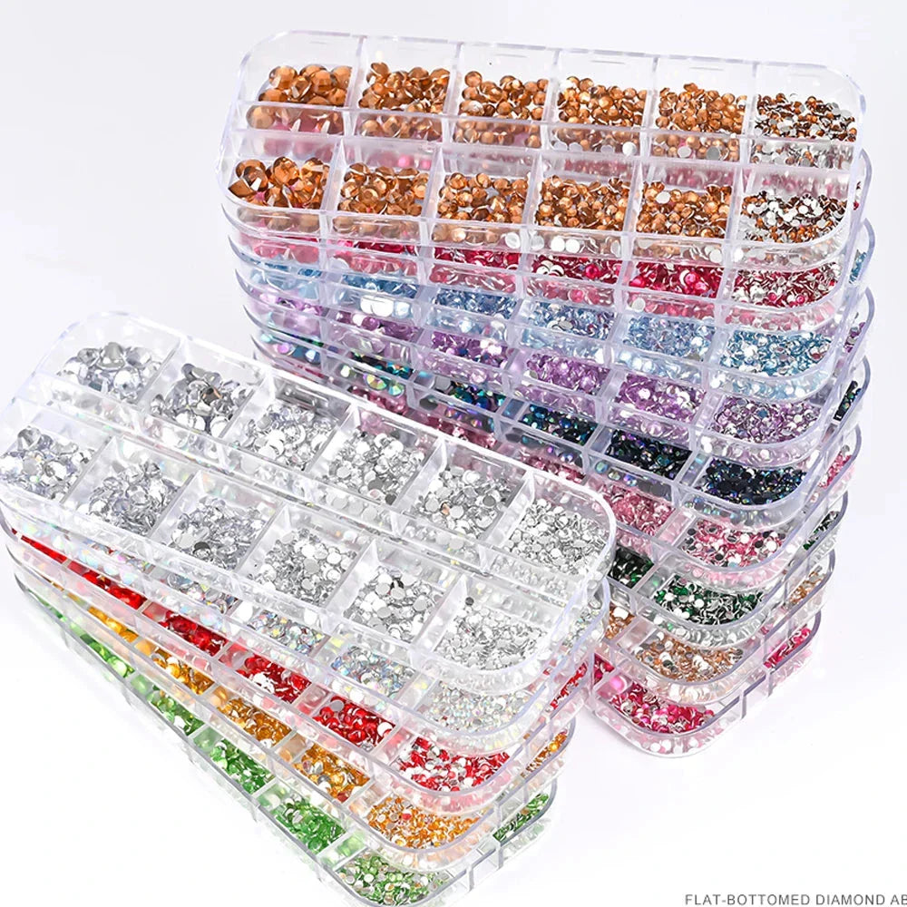 12 Grids Mixed Nail Rhinestones - SS6-SS30 Flat-Back Glass Gems for Nail Art