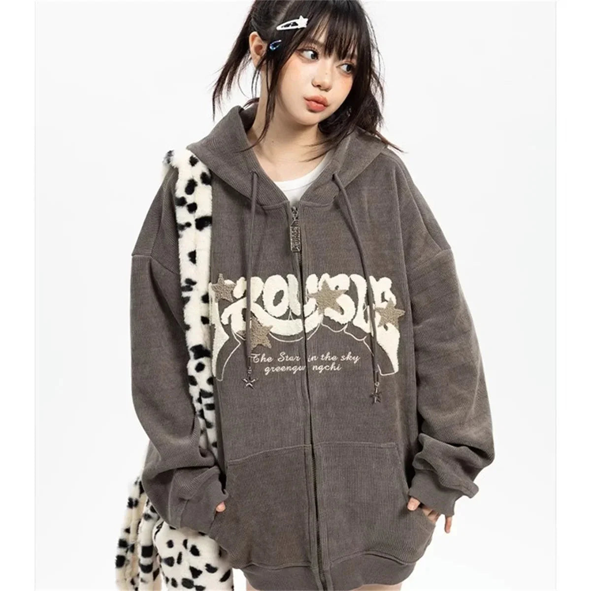 Women’s Y2K Embroidered Zip-Up Hoodie – Fashionable Autumn Long Sleeve Streetwear Top