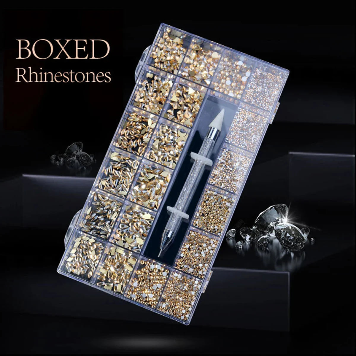 21 Grid Nail Art Rhinestone Set - Multi-Style Flat Bottom Glass Diamonds