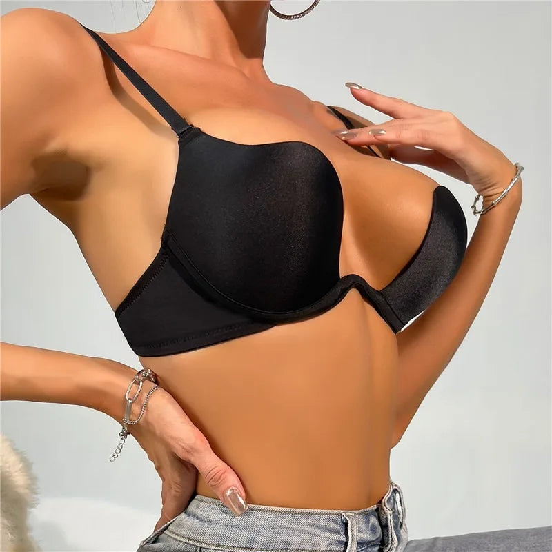 Women Push Up Bra Backless Low Cut Sexy Plunge Brassiere Open Back U-Shape Seamless