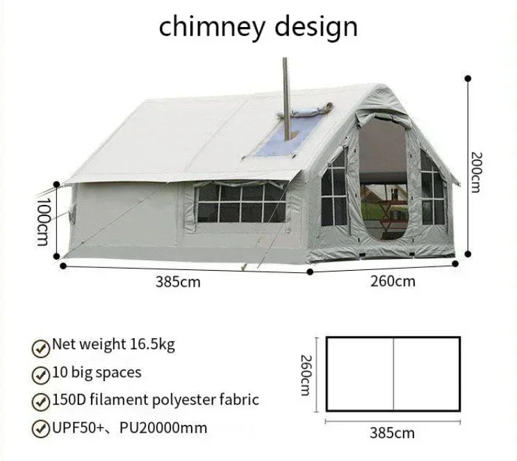 Inflatable camping tent no need to build 10 square meters 6-8 person space chimney design windproof and rainproof
