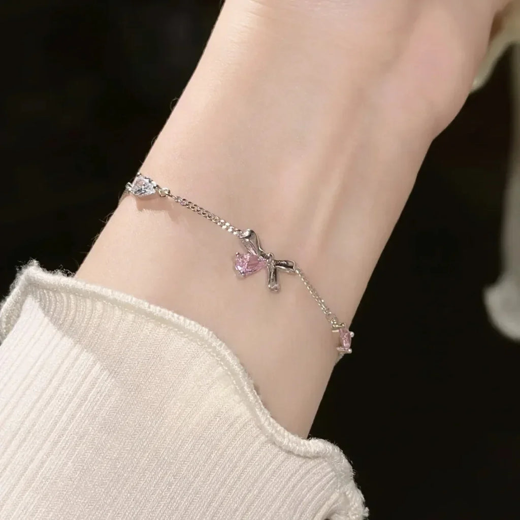 Shiny Pink Crystal Cherry Blossom Bracelets For Women Girls Sweet Moon Bow Flowers Zircon Bracelet Party Aesthetic Jewelry