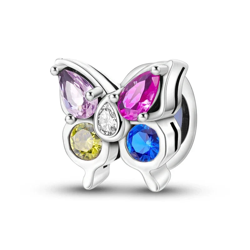 100% 925 Sterling Silver Rainbow Zircon Butterfly Dragon Silicone Stopper Charms - Colorful Beads for DIY Bracelets, Customizable Jewelry for All Occasions