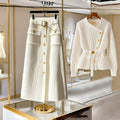 Autumn/Winter Women Outfit White Skirts Knitted Cardigan Sweater A-line Long Skirt Two Piece Set