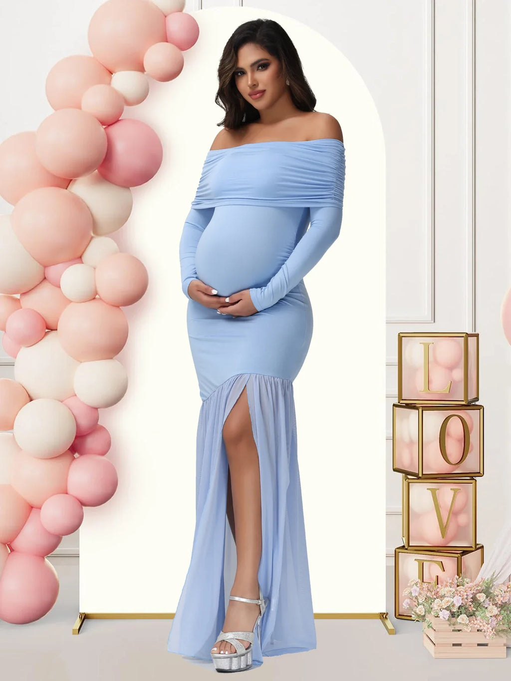 Elegant Maternity Gown Photoshoot Party Dress Off-Shoulder Slits Fishtail Hem