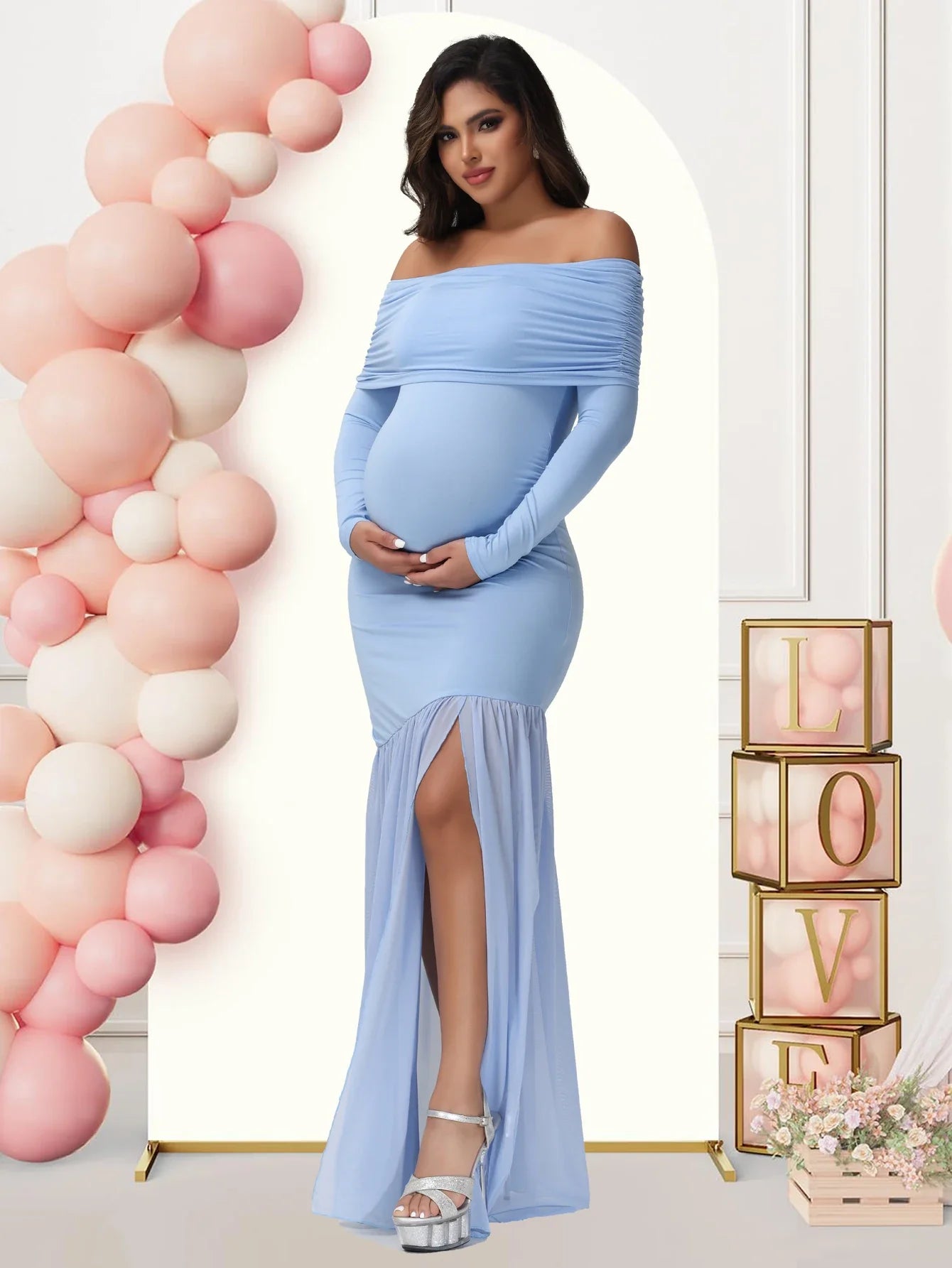Elegant Maternity Gown Photoshoot Party Dress Off-Shoulder Slits Fishtail Hem