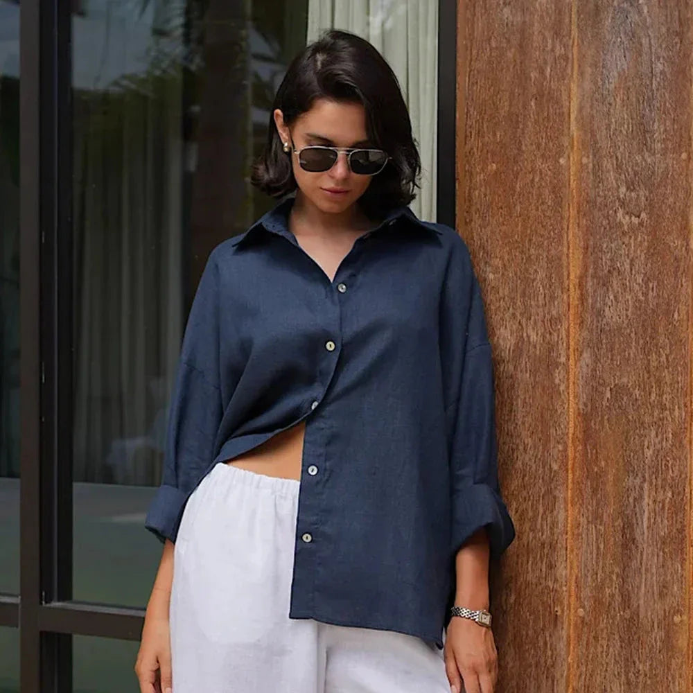 Women’s 100% Cotton Casual Shirt – Spring Summer Loose Fit Button-Down Cardigan Blouse, Solid Color Lightweight Top