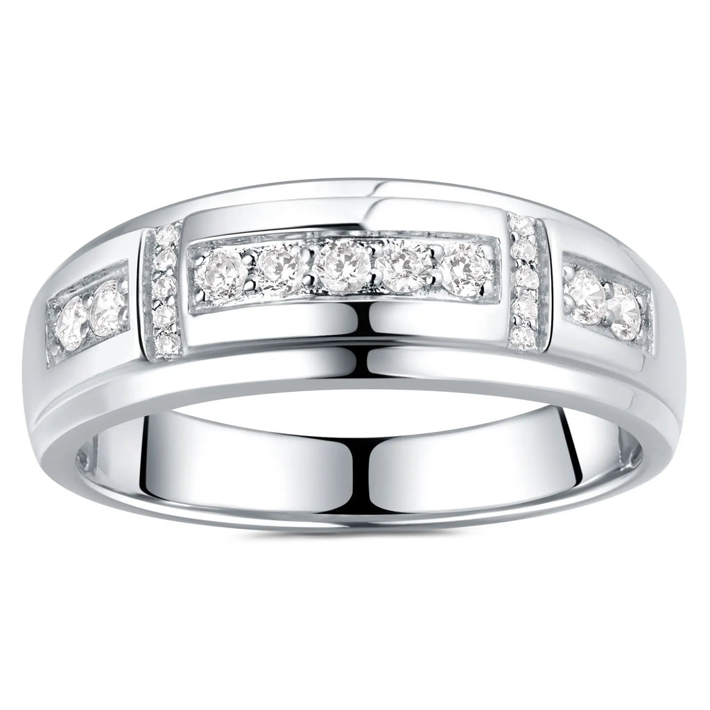 Men Wedding Band 925 Sterling Silver Moissanite Half Eternity Round Engagement Ring