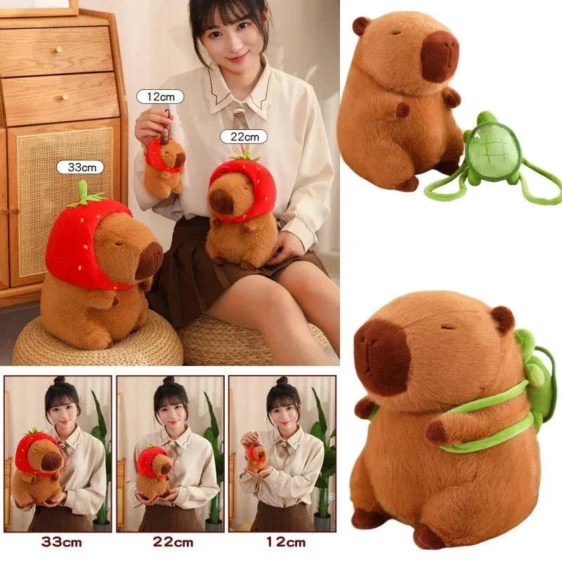 Strawberry Hat Capybara Plush – Small Turtle Backpack Pendant Toy