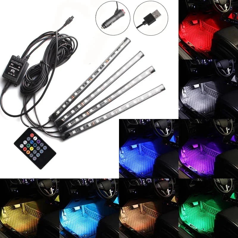 Universal RGB LED Car Interior Lights - 8-Color Ambient Strip Lamps with Music Control