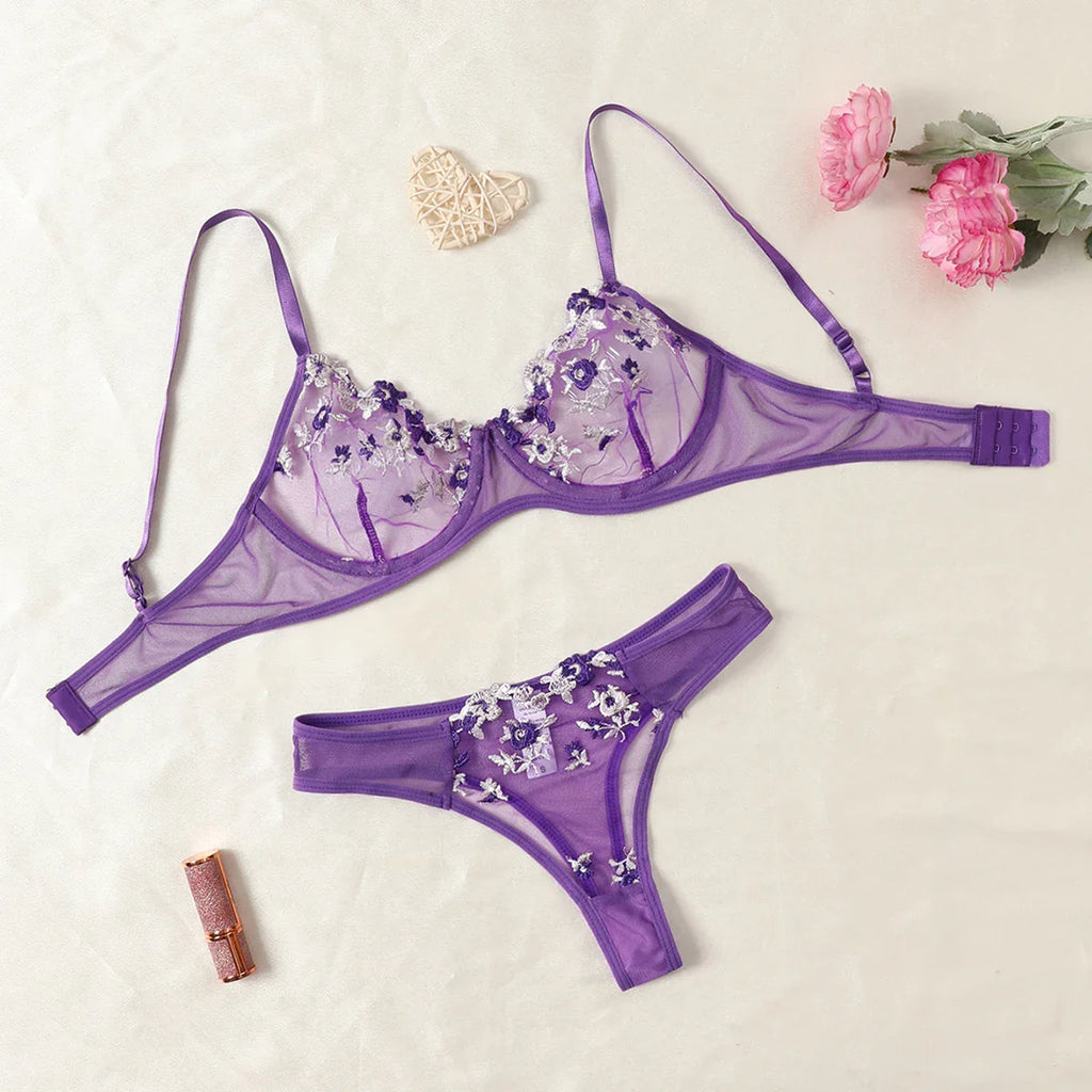 Beautiful Women Sexy 2 Piece Floral Embroidery Underwear Sets