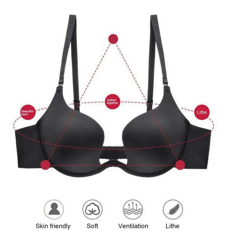 Women Push Up Bra Backless Low Cut Sexy Plunge Brassiere Open Back U-Shape Seamless