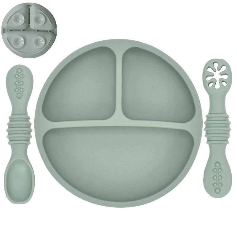 Silicone Baby Sucker Plate & Rice Spoon Set Cute Cartoon Tableware