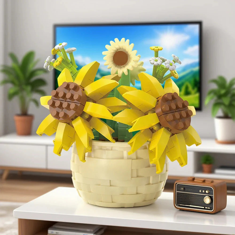 DIY Potted Plant Building Blocks Set - Rose Sunflower Succulents Bonsai Tree Romantic Garden Kids Model Bricks Toy Kit