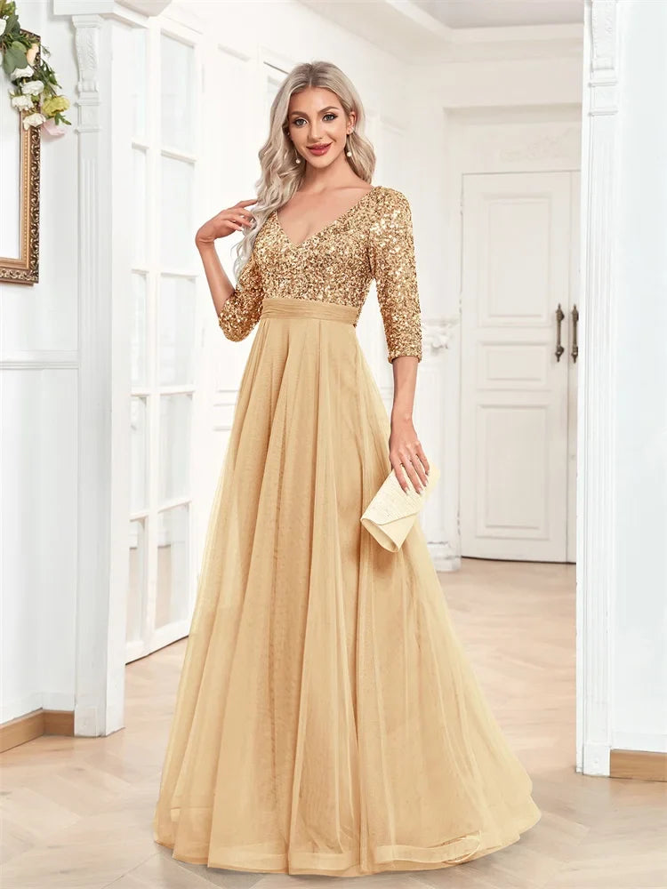 Luxury Floor Length V-Neck Evening Dress Party Maxi Dress Sequin Short Sleeves Prom Cocktail Gown