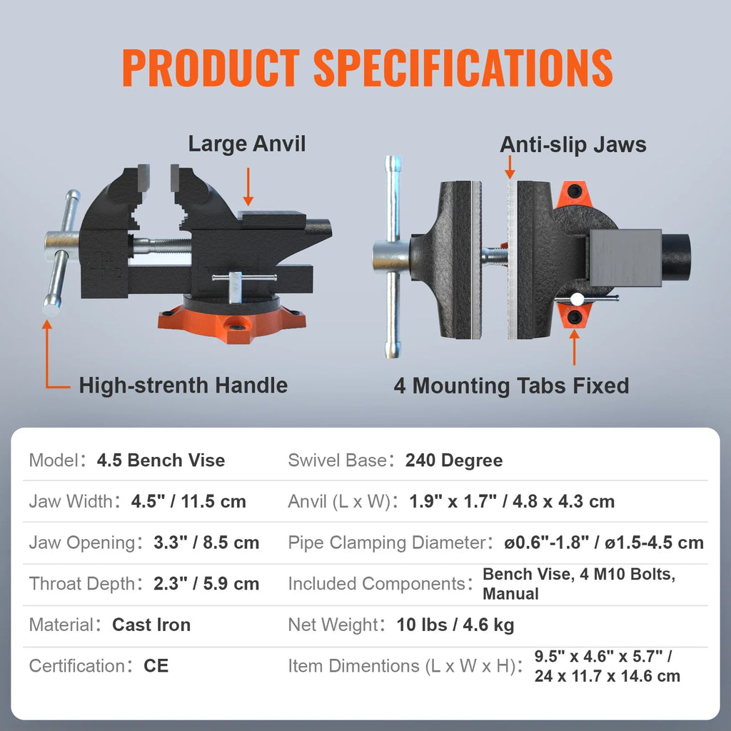 VEVOR Bench Vise 4.5" 6" 6.5" Multipurpose with Swivel Base & Anvil Heavy Duty Cast Iron for Drilling, Conduit Cutting, Sanding