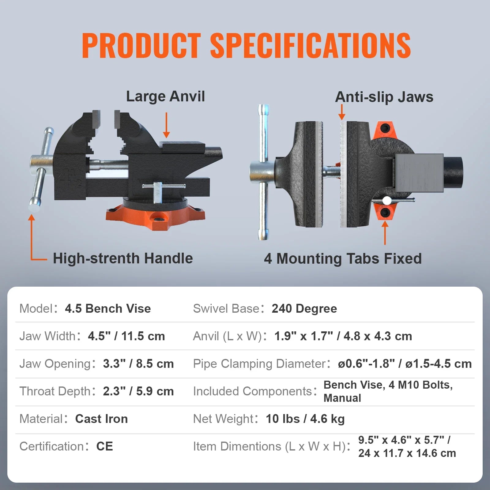 VEVOR Bench Vise 4.5" 6" 6.5" Multipurpose with Swivel Base & Anvil Heavy Duty Cast Iron for Drilling, Conduit Cutting, Sanding