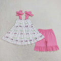 Baby girl summer shirt Short set embroidery farm tractor pink striped 3M-16T