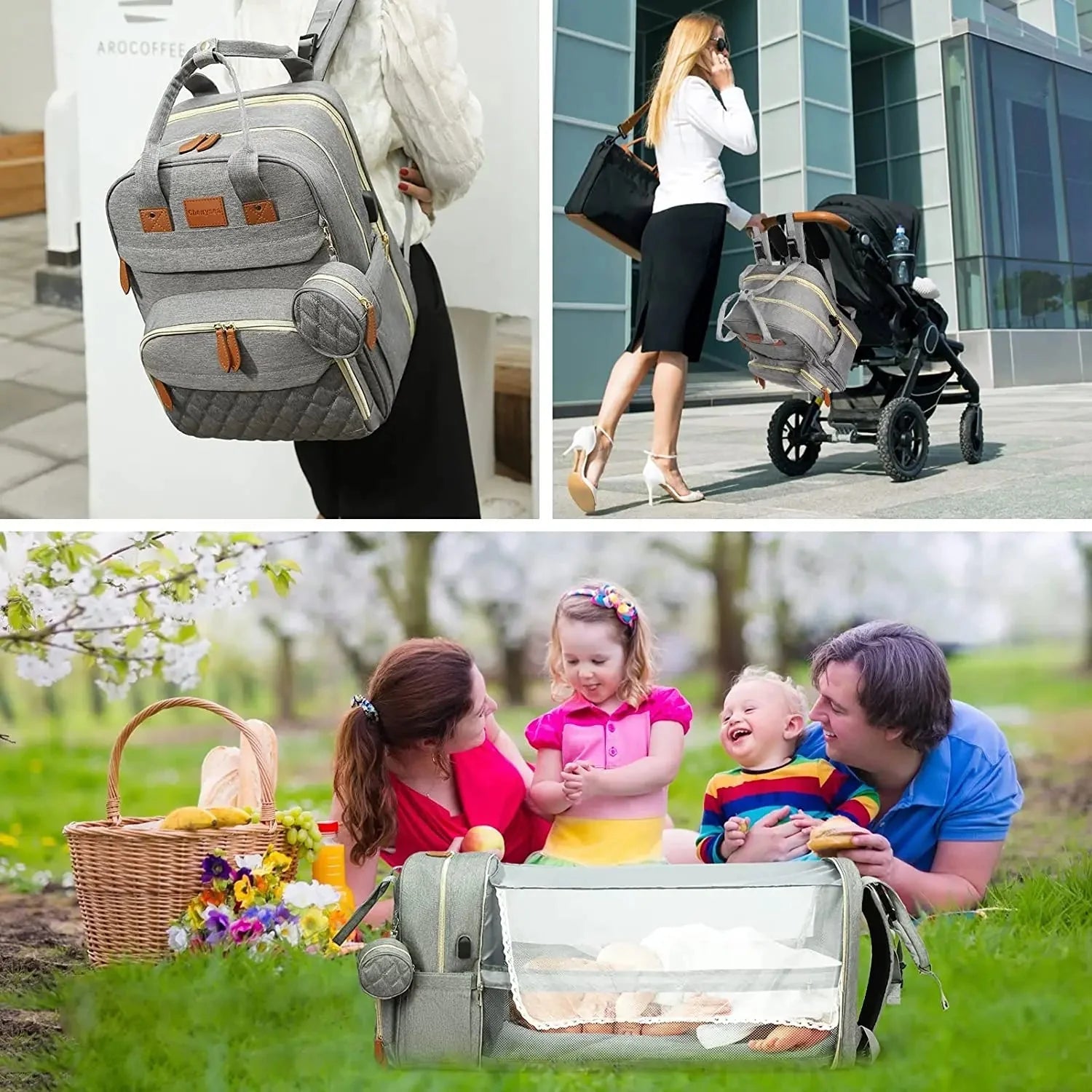 3 in 1 Diaper Bag Backpack with Foldable Baby Bed & USB