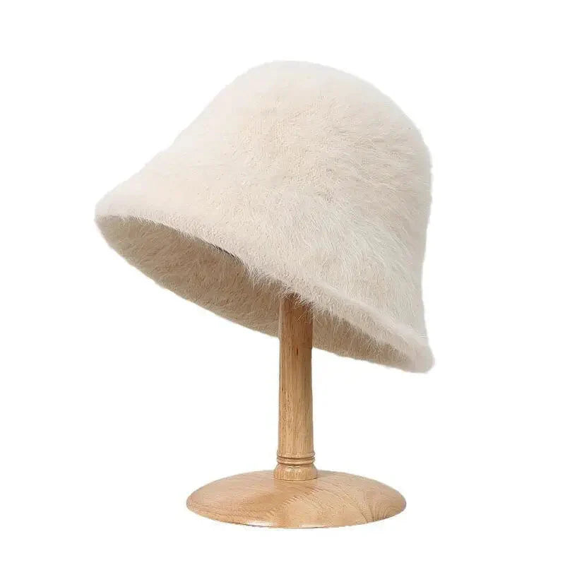 Plush fisherman hat autumn and winter basin hat round head plush high-end feeling face white bucket hat for ladies