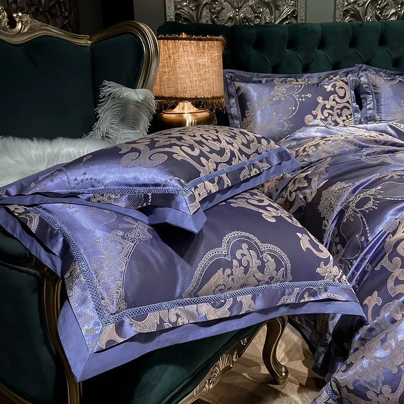 Soft Satin Jacquard Cotton Bedding Set, Luxury Duvet Cover, Blue, Gold, Gray, Queen, King Bed Sheet, Pillowcases, Home Textiles