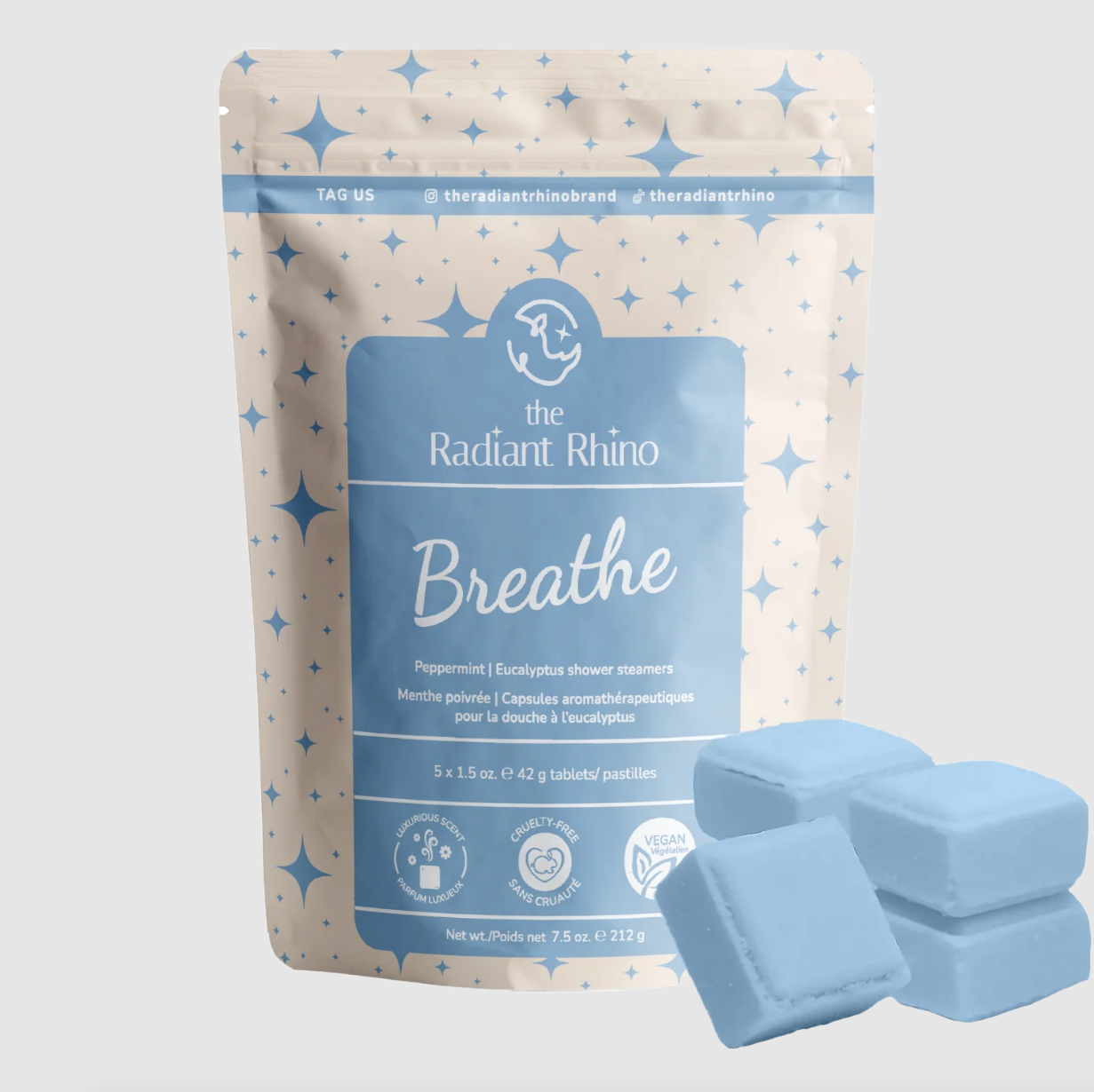 ZA@ THE RADIANT RHINO Breathe Peppermint Eucalyptus Shower Steamers 6-PK! 5x1.5oz Tablets 7.5oz (New) D