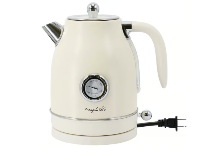 MegaChef 1.8 Quart Electric Tea Kettle and 2 Slice Toaster Combo in Creme