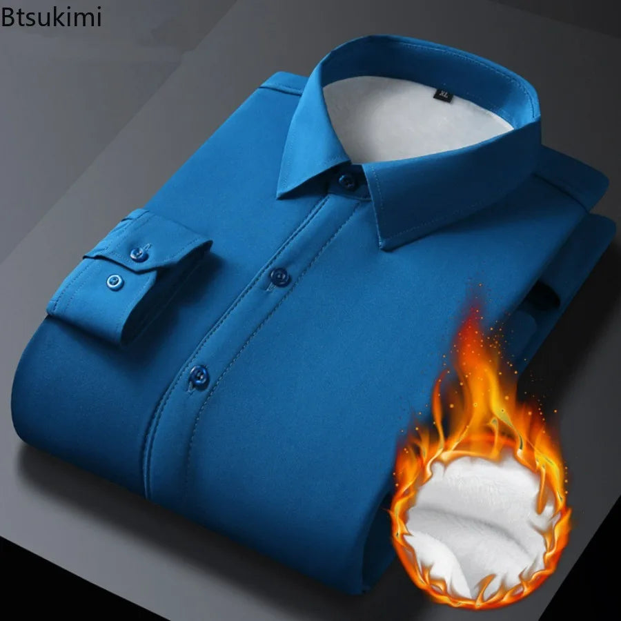 Men's Autumn Winter Long Sleeve Shirts Warm Fleece Stretch Shirt